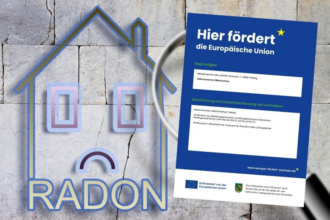 Hinweisgrafik zur durchgeführten Radonsanierung in den Verwaltungsräumen der Volkshochschule Mittelsachsen in Freiberg mit Verweis auf die Förderung durch die Europäische Union.