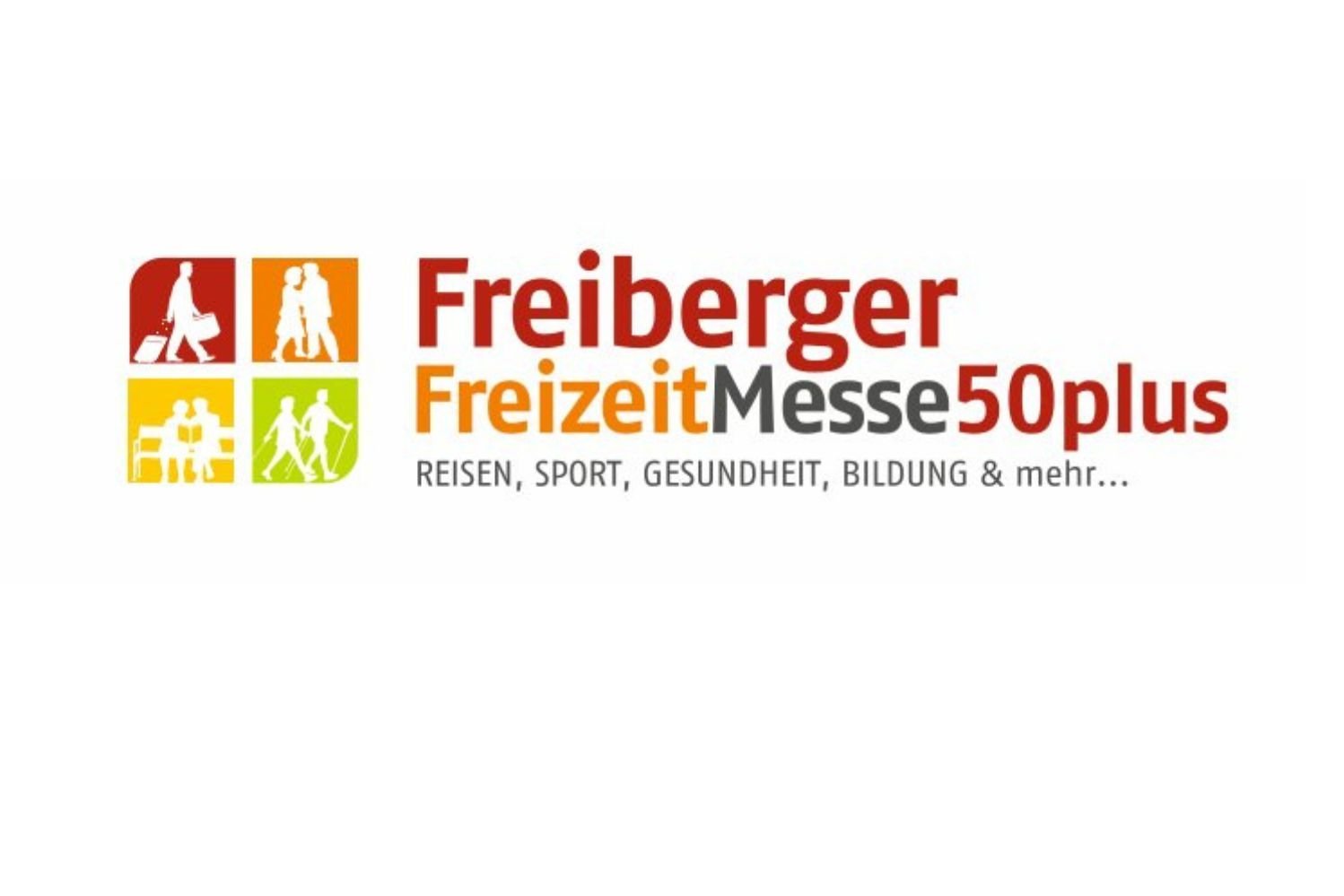 Logo der „Freiberger Freizeitmesse 50plus“ mit dem Untertitel „Reisen, Sport, Gesundheit, Bildung & mehr“. Links neben dem Schriftzug sind vier farbige Quadrate mit Symbolen für Freizeitaktivitäten, Bewegung und Begegnung zu sehen.