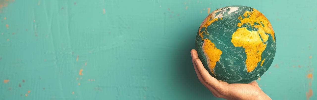 Eine Hand hält eine kleine Weltkugel vor einem türkisfarbenen, leicht strukturierten Hintergrund. Auf der Kugel sind Afrika, Europa und Teile Asiens zu sehen.